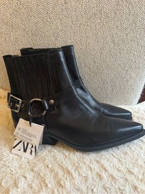 Zara Black Pointed Leather Ankle Boots with Buckle Strap